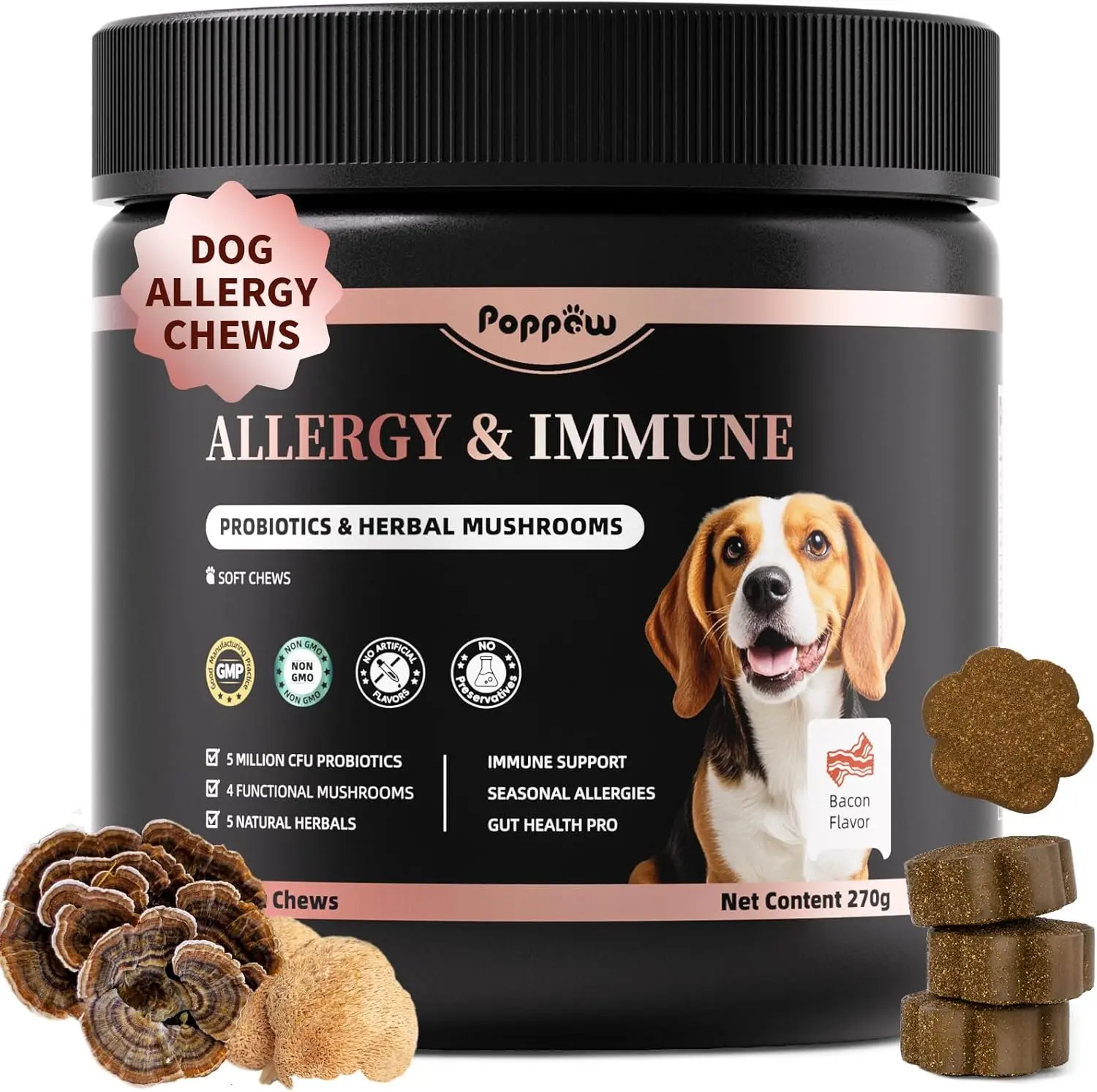 GREENPEOPLE Dog Probiotic Chews with Turkey Tail Mushroom & Pumpkin, Skin and Coat Support, Digestive Wellness Supplement for Dogs, Bacon Flavor, 90 Count