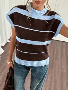 Spring Summer Women's Lightweight Knitted Cardigan Vest, Striped Knit Backless Top, Simple Summer Knit Vest, Casual Fashion Outerwear, Knitwear
