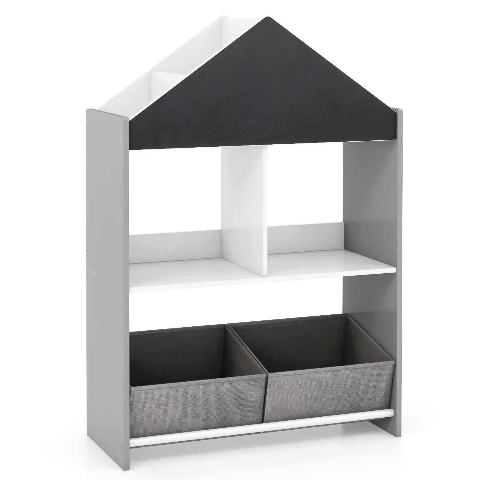 COSTWAY - Playhouse Kids Bookshelf with Chalkboard and Whiteboard for 3-6 Years-Gray
