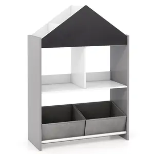 COSTWAY - Playhouse Kids Bookshelf with Chalkboard and Whiteboard for 3-6 Years-Gray