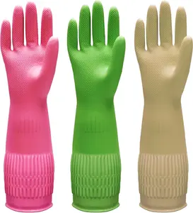 3 Pairs of Rubber Dishwashing Gloves for Kitchen and Household Cleaning – Long Cuff 15", Reusable, Flexible Long-lasting and Non-Slip (Red+Yellow+Green, Large)