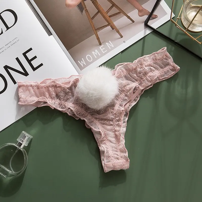 Japanese style thong, low-waist lace panties, removable hair ball Underwear