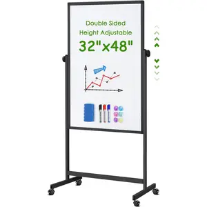 Rolling Whiteboard  Wheels, 32x48 Inches Double-Sided  Dry Erase Board with Stand, Height Adjustable Mobile White Board Easel for Classroom  Office Black