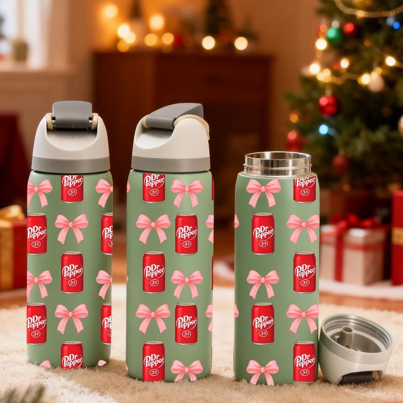 AuraCup 1pc 19/24/32oz Insulated Tumbler with Lid and Straw, Cute Dr Pepper Can and Pink Bow Pattern, Double Wall Leakproof Stainless Steel Water Bottle for Hot & Cold Drinks, TikTok Trending Aesthetic Cup, Perfect Gift for Girls, Teens, Friends, Daughter