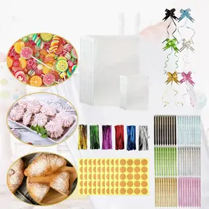 200Pcs 30 x 20/10 x 15cm Clear Cellophane Bags with 200 Metal Ribbons, 60 Tie Flowers and 200 Label Stickers, Biscuit Bags, Transparent, Transparent Bags for Snacks