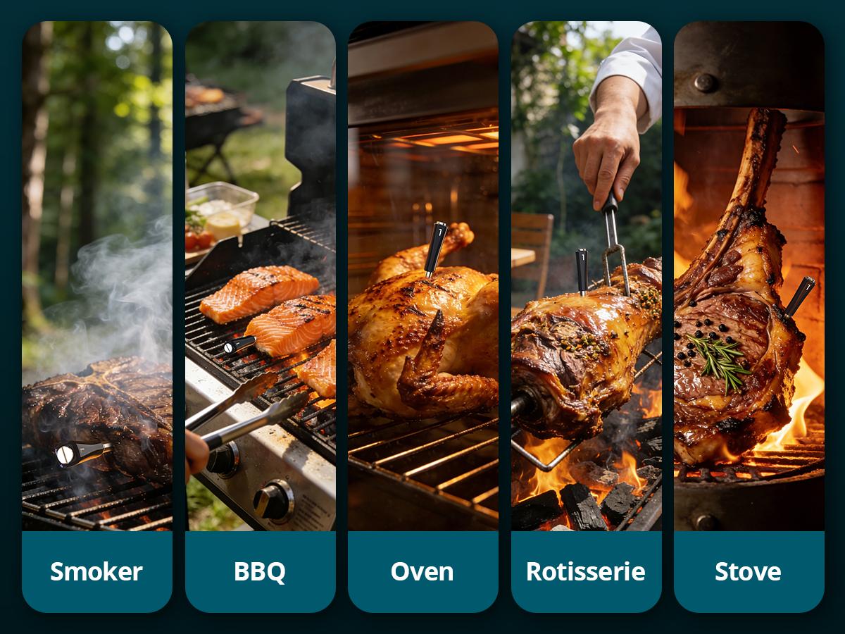 Wireless meat thermometer with 4 probes; INKBIRD WiFi Digital Wireless Meat Thermometer, featuring 5 sensors, estimates cooking time, connects to Apple Watch, and is suitable for rotisserie, grills-summervibes