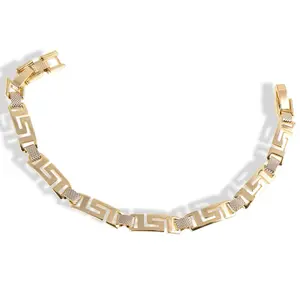 14K Gold Plated Two Tone Greek Link Bracelet 2mm 7" + 2cm Extension Elegant Jewelry Accessory Bold & Stylish Modern Design