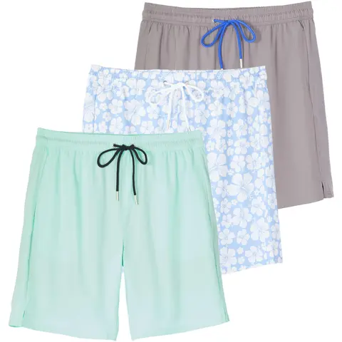Real Essentials 3 Pack: Men's 9" Inch 2 in 1 Board Shorts with Compression Liner - Bathing Suit with Back Flap Pocket
