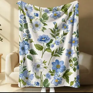 Blue And White Floral Print Blanket, All-Season Use, Suitable for Bed Sofa Car Room Decor Gift, Unisex Single-Sided Printed Blanket