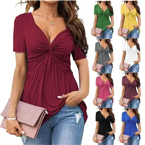 NewWomen'sV-neckTwistFrontShirtShortSleeveElegantCasualT-shirtSolidColorPulloverTopCommuterCasualFashion