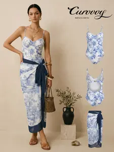 Curvvvy Swim 2026 Blue Toile Swimsuit Set for Women, Porcelain Inspired One Piece with Cover Up Skirt, Elegant Oriental Style Beachwear, Summer Vacation Outfit, Classy Resort Wear, Women's Plants Print Swimdress Set