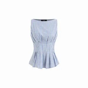 Cider Cotton-blend Boat Neck Stripe Pleated Tank Top