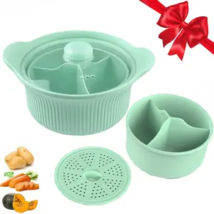 Silicone Steamer for Microwave Oven, 4-in-1 Microwave Oven Pot, Modern Cookware with Handle, Lid and Steamer, Three-Compartment Design, Suitable for Vegetable/Fish/Baby Food Supplement, Oven and Dishwasher, Easy Kitchen Supplies.