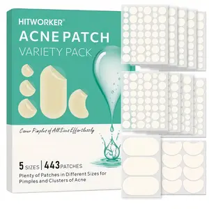 443pcs Hitworker Acne Patches Set, 5 Sizes, Suitable for All Skin Types, Oil & Dry, Strip Design, for Cheeks, Forehead, Chin