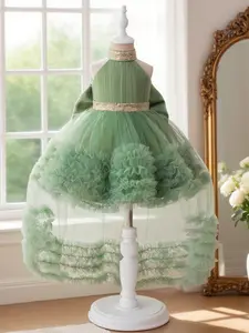 Toddler Girl's Glitter Sequin Decor Tulle Dress, Elegant Sleeveless Round Neck A Line Dress for Party Performance Birthday, Kids Clothes for All Seasons, Ruffle Trim Dress