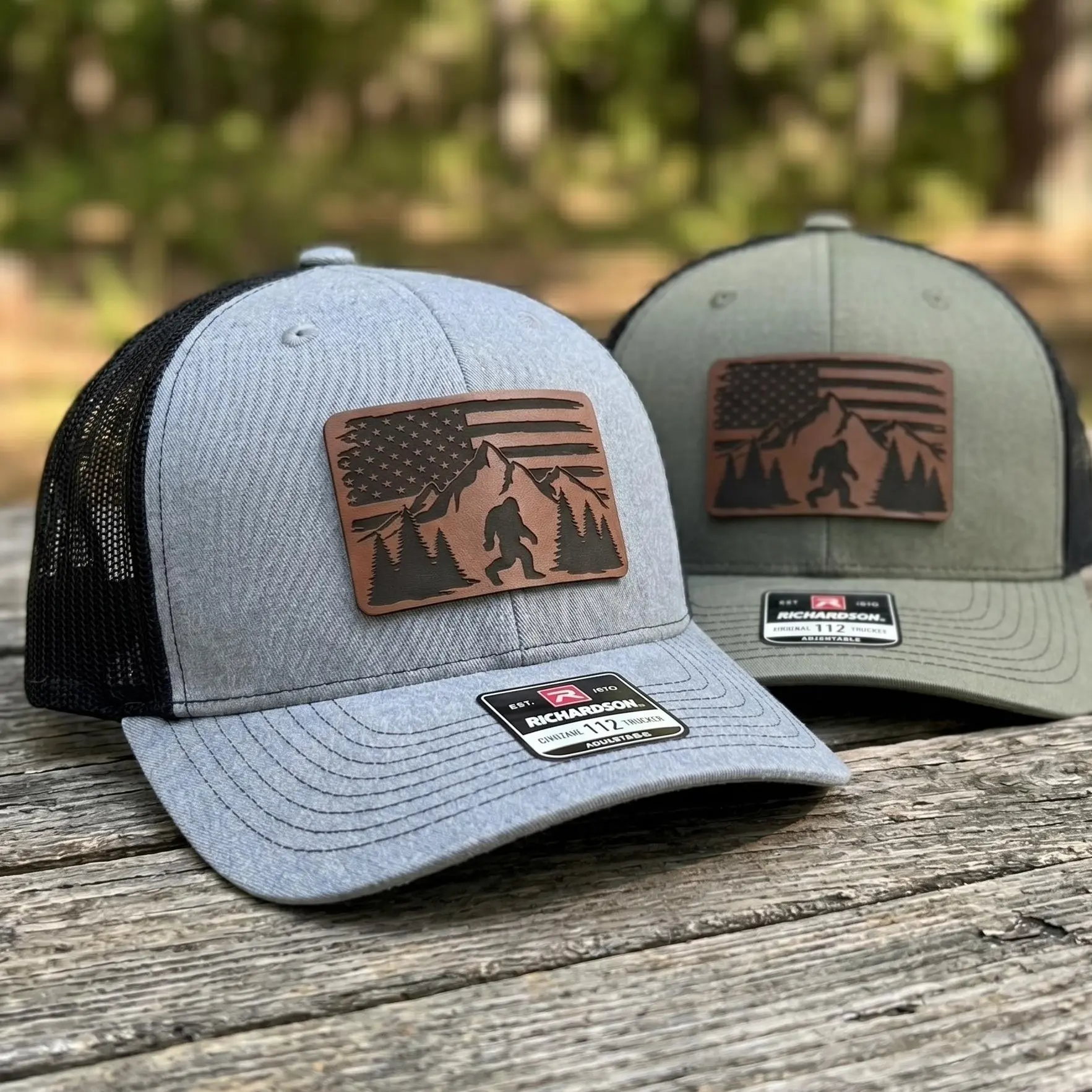 Bigfoot Sasquatch Leather Patch Hat, Vintage Americana American Flag Mountain Cap, Retro Pacific Northwest Forest Nature Aesthetic Snapback
