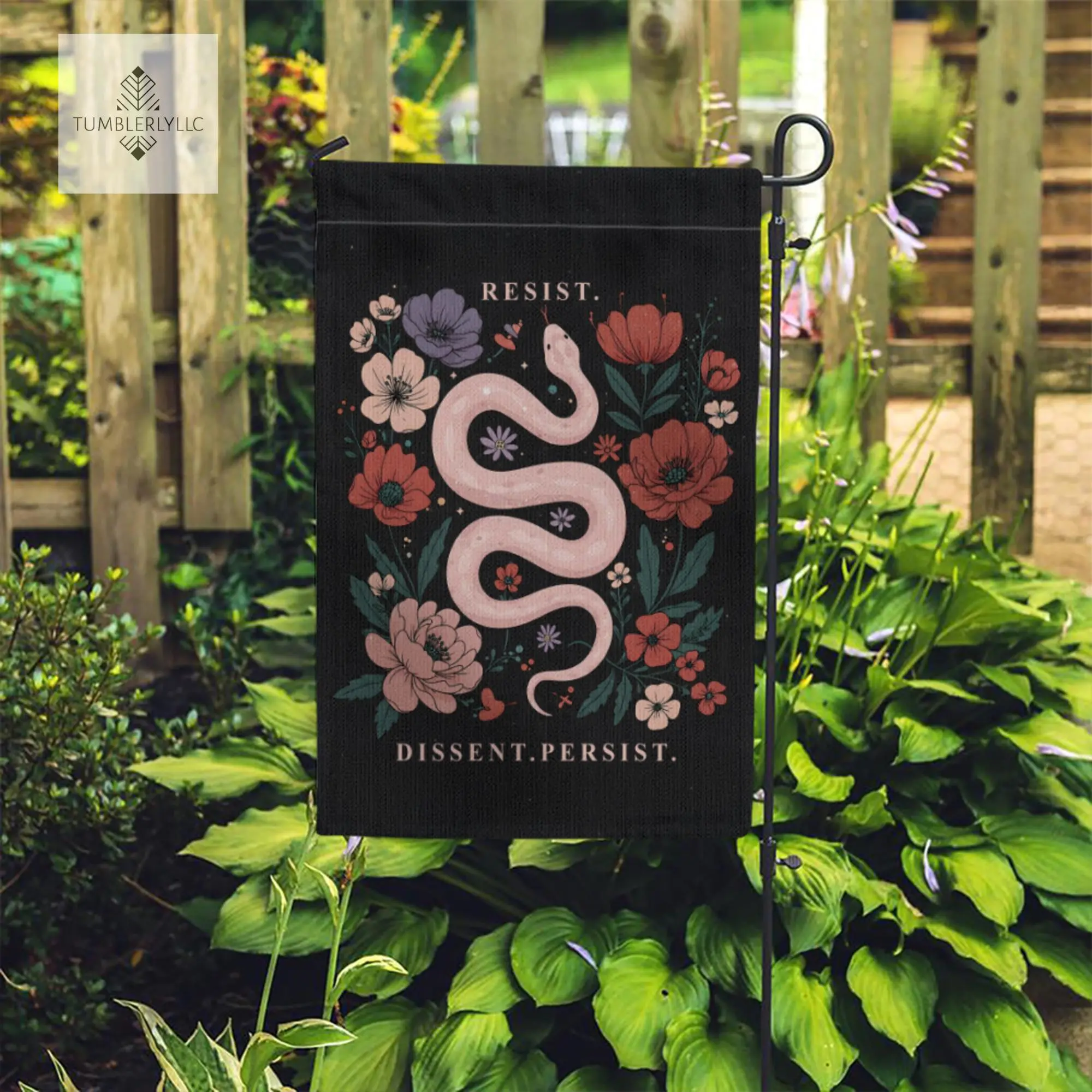 No Kings Garden Flag, “Resist Dissent Persist” Snake Floral Flag, Gothic Feminist Yard Decor, Political Statement Outdoor Gift