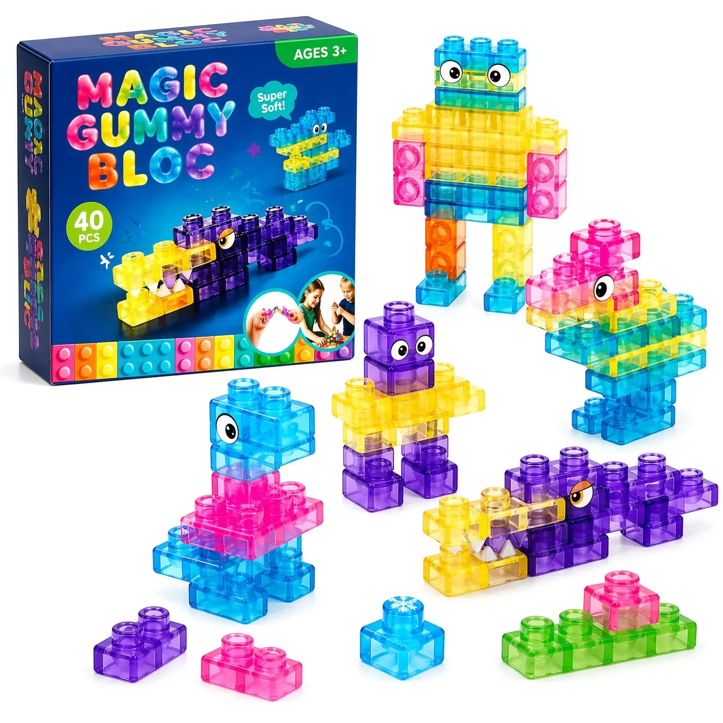 40 Pcs Soft Gummy Building Blocks Set, Flexible Sensory Stacking Bricks & Interlocking Construction Toy, Washable Montessori STEM Learning Playset for Toddlers