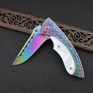 Outdoor Tool Knife for Men Women, Survival Utility Knife Gift Knifes Engrave Flower Handle Classic Pocket Knife with Pocket Clip, Sharp Blade EDC Knife