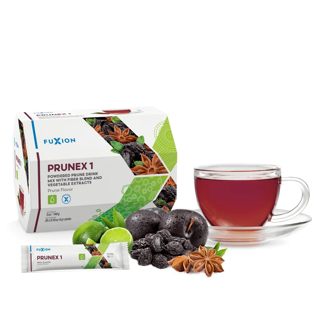FuXion Prunex 1 Detox Tea - Plum Flavor, 28 Sticks, Natural Fiber Drink for Digestive Health, Sugar-Free, No Chemicals, Promotes Absorption