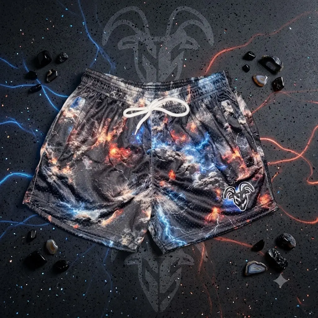 GOAT Cosmic Galaxy Black Mesh Shorts Nebula Space & Lightning Strike All-Over Print with Black & White Ram Head Logo Loose Fit Gym Athletic Casual Unisex Streetwear Workout All Season Breathable Comfortable Summer Short Quick Dry Short