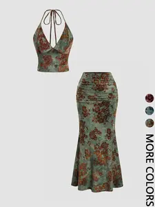 Women's Floral Deep V Neck Crop Top & Fish Tail Skirt Set, Sexy Two-Piece, Back-To-School Fashion, All-Over Print Design