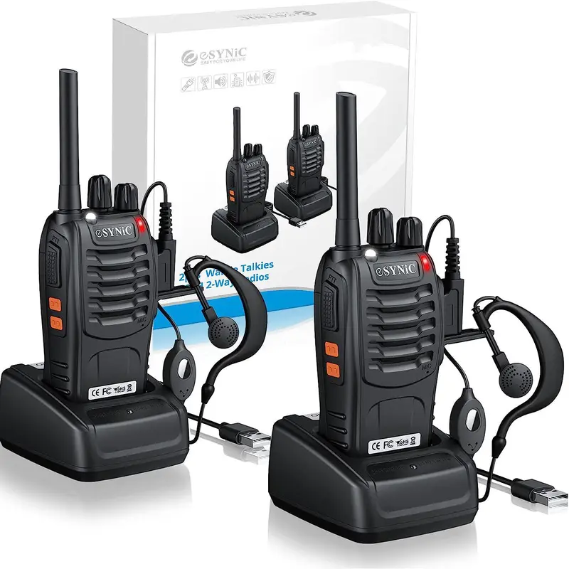 eSynic Professional Rechargeable Long Range 2-Way Walkie Talkies - 5km Range, 16-Channel Switch, VOX, LED Light, Original Earpieces, Durable Compact & Lightweight Design, 96 Hours on Standby, Portable Audio, Storage Box (Black Friday Pick for Adults)