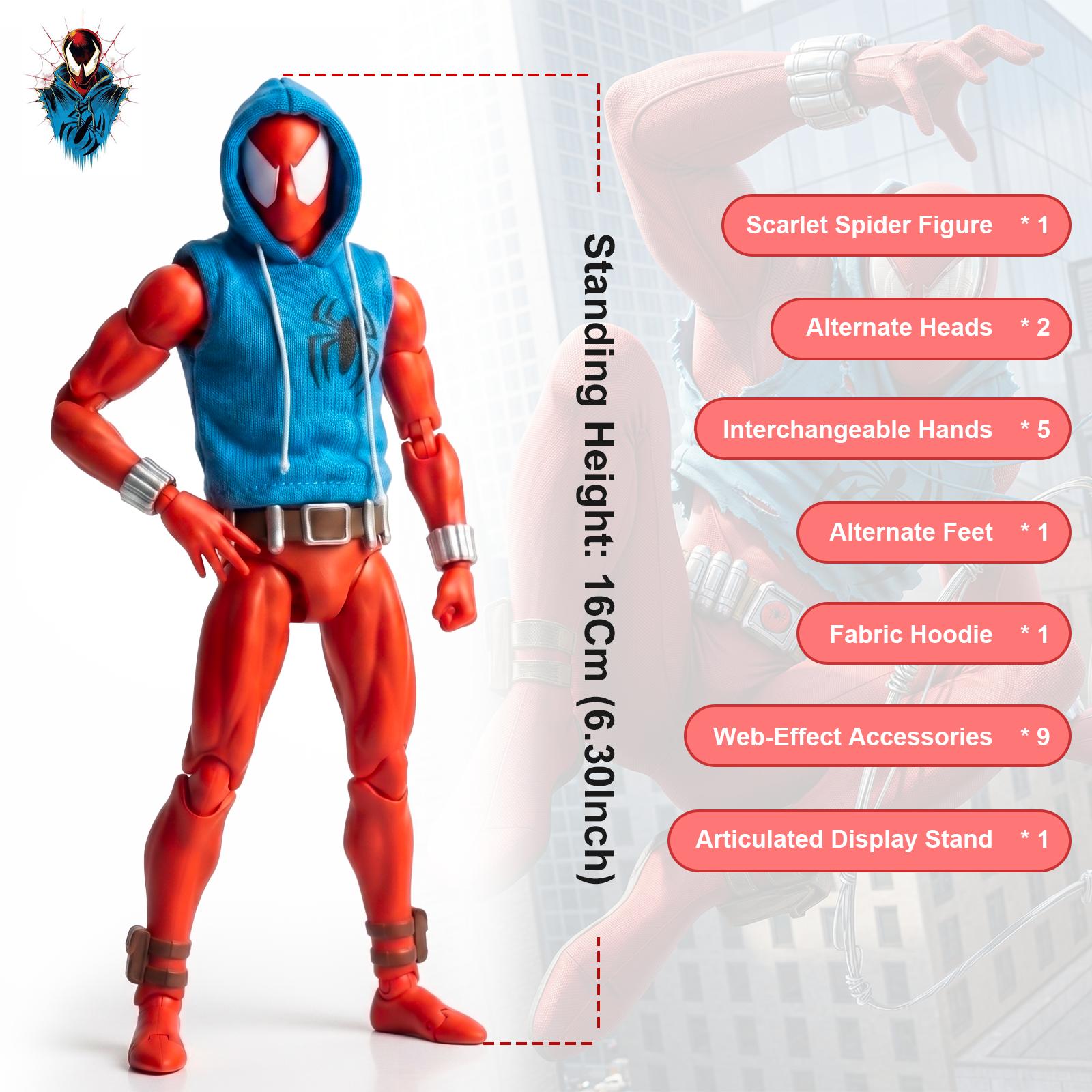 Marvel Spider-Man Scarlet Spider (Ben Reilly) 6-Inch Action Figure - 1:12 Comic-Style Articulated Pose Collectible with Fabric Hoodie, Web Effects for Comic Collectibles