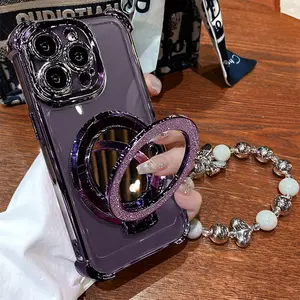 Women's Phone Case with Mirror & Stand for iPhone&Samsung. Features a Purple chrome alloy frame, high-definition transparent material, reinforced corner protection, and full-body drop-resistant design.