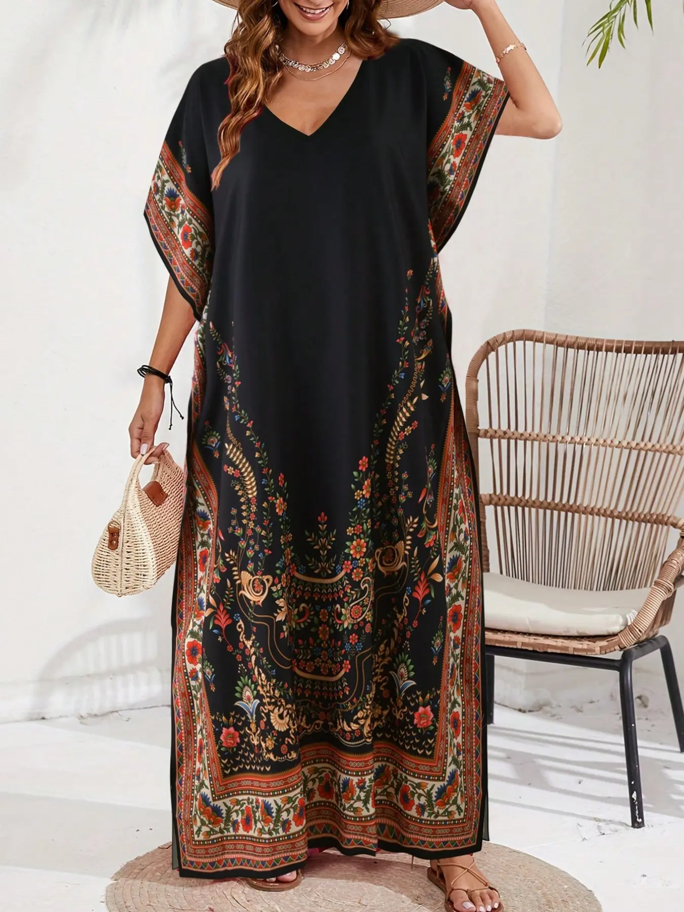 Women's Middle East Robe, Casual Wear Bohemian Boho Flowy Dress V-Neck Floral Print Loose Long Split Slit Summer Vacation Cover-Up Dress, Boho Flowy Attire, Womenswear, Comfortable and Stylish