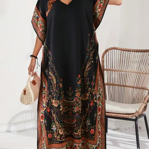 Women's Middle East Robe, Casual Wear Boho Flowy Dress V-Neck Floral Print Loose Long Split Slit Summer Vacation Cover-Up Dress, Boho Fashion, Boho Flowy Attire, Womenswear, Comfortable and Stylish