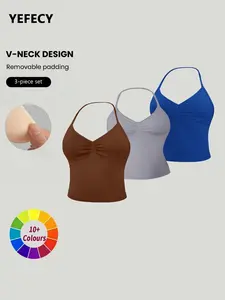Women's Seamless Fitness Tank Top 3-Pack, Halter Neck Design, Detachable Pads, Removable Padded, Soft Stretchy Fabric, Ideal for Pilates and Yoga, Seamless Construction, Yoga Workout Vest