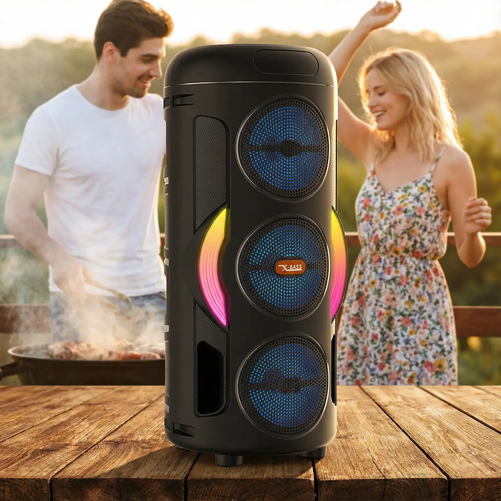 Portable Bluetooth Wireless Stereo Boombox Speaker with Wired Microphone, Cable, Button Control, Charging Support, TWS, AUX, USB, TF Card, FM Radio, Remote Control, Device Streaming Compatibility - Ideal for Outdoor Party, Beach Use, Plastic, Compact, Kar