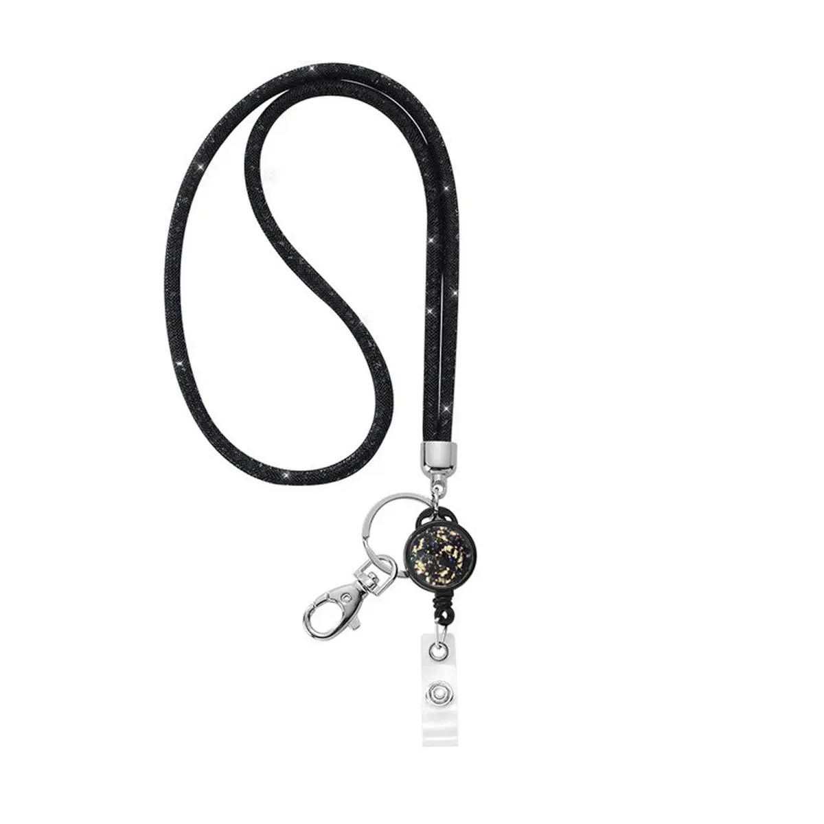 Rhinestone Decor Lanyard, 1 Count Shiny Black Lanyard with Key Ring, Identification Badges & Supplies for Office Workers School Medical Staff