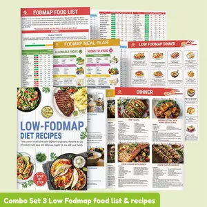 Set 3 Low FODMAP Food List Chart & Meal Plan for IBS, SIBO, Bloating – Laminated Diet Guide w/Serving Size, Net Carbs, Calories, Gluten, Fiber – Elimination Diet Recipes for Beginners