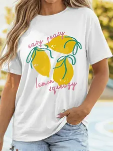 White Easy Peasy Lemon Squeezy Graphic Tee Women Summer Aesthetic Lemon Letter Print Short Sleeve Round Neck Casual Retro Trendy T-Shirt Top