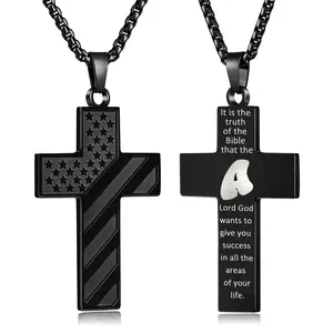 Stainless Steel Bible Cross Necklace for Men, American Flag Letter Necklace for Men 24-inch Chain Necklace