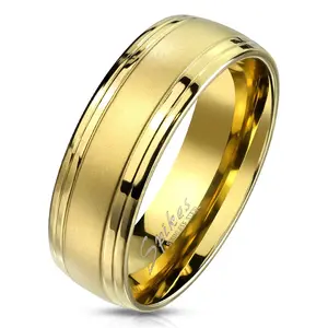 Lanyjewelry Men's 8mm Stainless Steel Ring - Gold IP Brushed Center, Double Grooves, Bold Look, Everyday Stainless Steel Band
