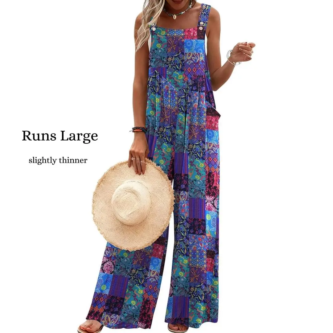 Ekouaer Women's Bohemian Floral Pocketed Tube Jumpsuit - Sleeveless, Adjustable Straps, Wide-Leg, Loose-Cut Spandex Fabric, Essential Summer Sleepwear & Loungewear, White Floral, Multi-Size (XXL), Beach Fashion Overalls, Elegant