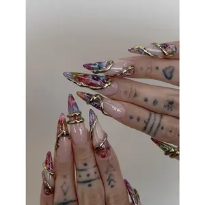 Gold Wire Wrapped Press On Nails | Luxury Marble Nail Art | Edgy Glam Fake Nails | Sculptural Nail Design Nails | Trendy Nail Art