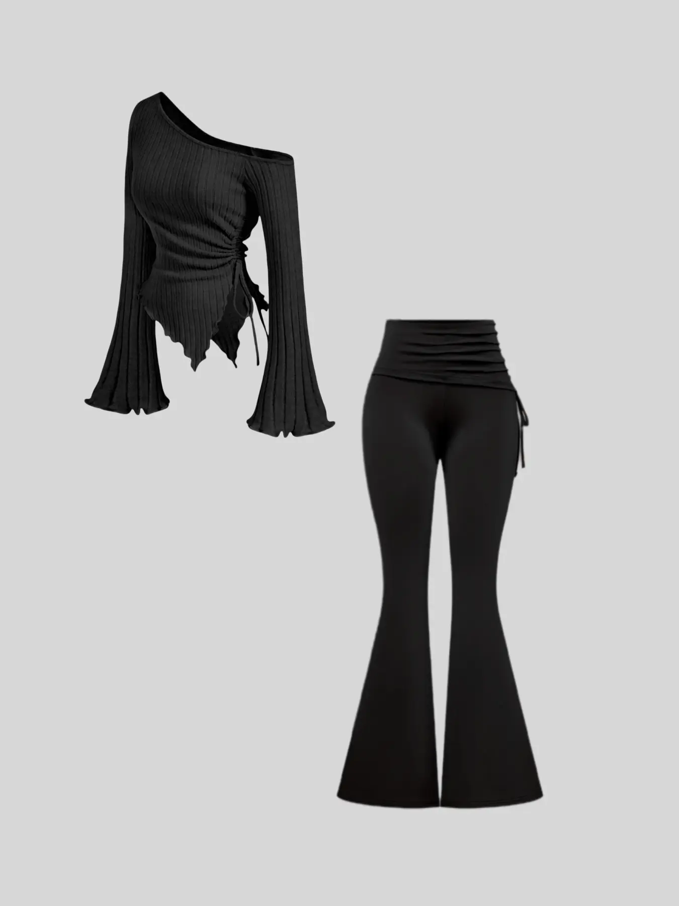 Classic women's irregular long sleeves off-shoulder paired with high-waist drawstring trousers set Fitted, Fall outfit Womenswear