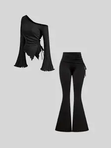 Classic women's irregular long sleeves off-shoulder paired with high-waist drawstring trousers set, Fall outfit, Fitted