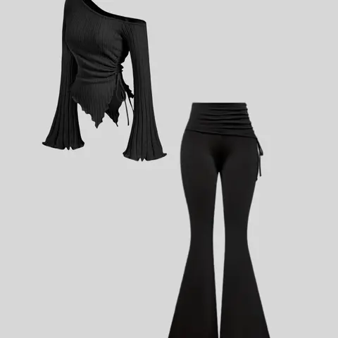 Classic women's irregular long sleeves off-shoulder paired with high-waist drawstring trousers set, Casual Matching Sets, Clothes, Fall outfit, Fitted, Womenswear