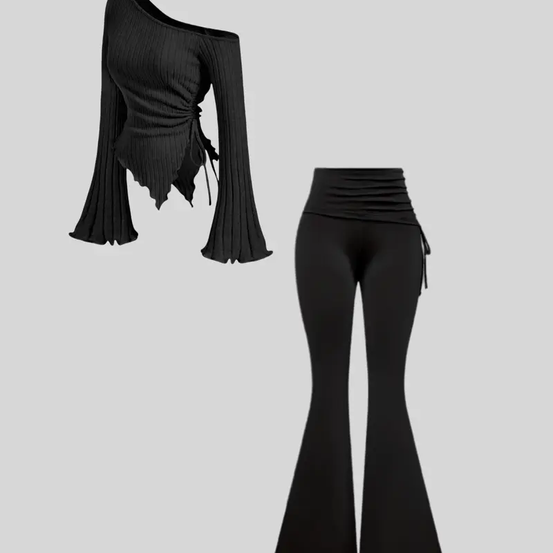 Classic women's irregular long sleeves off-shoulder paired with high-waist drawstring trousers set, Casual Matching Sets, Clothes, Fall outfit, Fitted, Womenswear