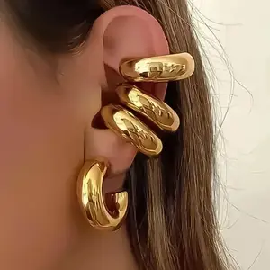 Punk Non Piercing Chunky Round Circle Clip Earring for Women Gold Plated C Shape Ear Cuff Stud Tube Thick Earclips Jewelry Gifts