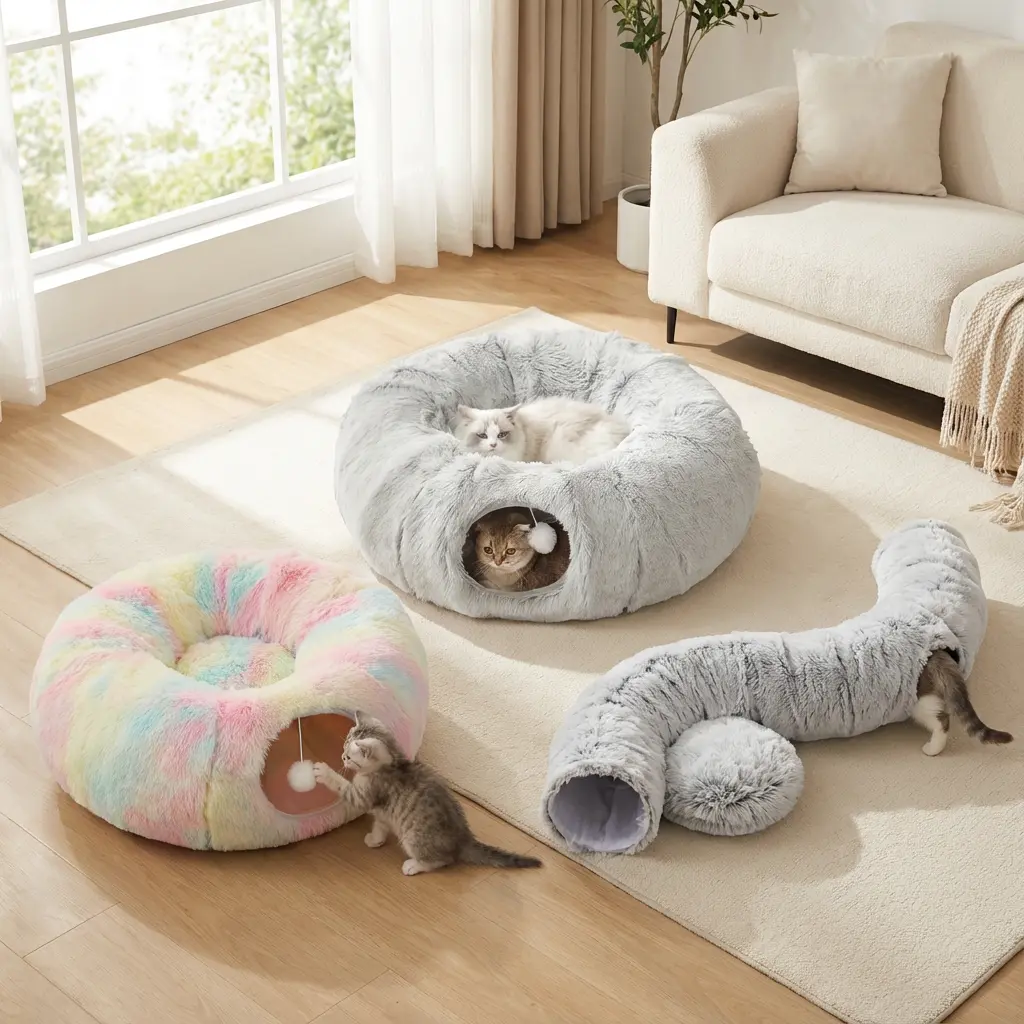 Fluffy Snuggly Material Cat Plush Circular Cave Bed - Secure Hideout, Dual-Nook Rest Spot, Hanging Pom Toy, Soft Neutral Pet Furniture for Indoor Bedrooms, Living Rooms (Sleep/Play Use)