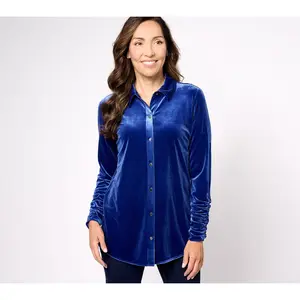 Susan Graver Petite Knit Velvet Button Front Long Sleeve Shirt