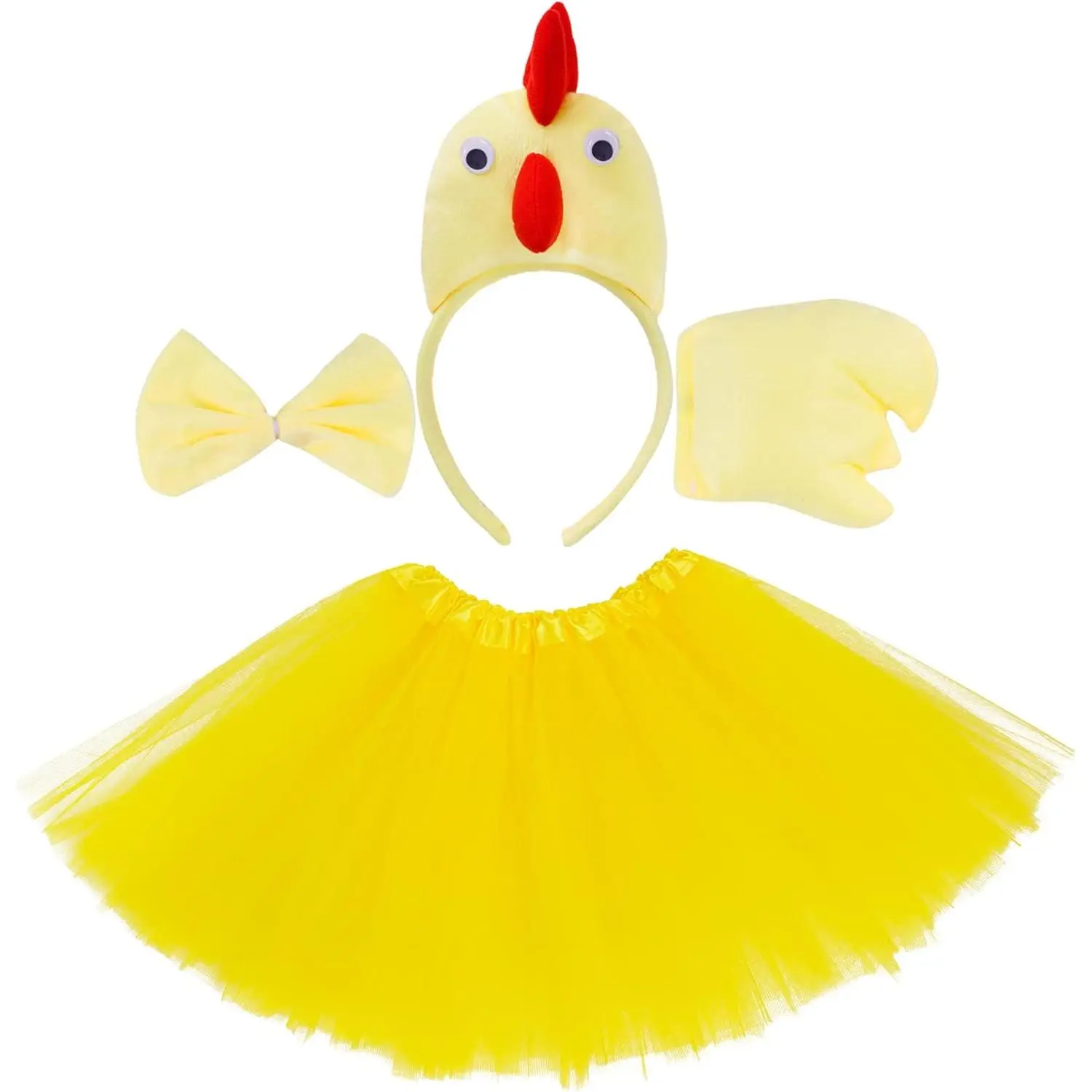 SQ-CPA015 Girls' 3D Chicken Fantasy Costume Set - 1 x Tutu Skirt, Chicken Ears Headband, Bowtie, Tail for Halloween, Thanksgiving, Cosplayers