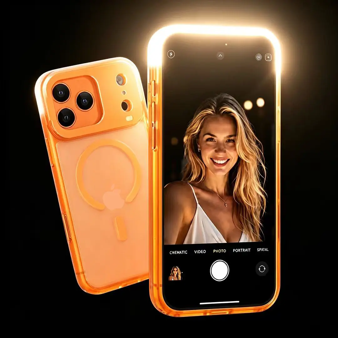 GGBON Selfie Light Phone Case For Makeup & Night Selfies, 3 Color Modes LED Fill Light, Type-C Rechargeable Built-in Battery, MagSafe Matte Anti-Fingerprint Cover Fits iPhone 13/14/15/16/17 Series