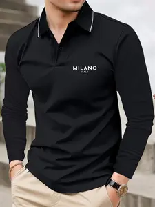 Men's Lightweight Spring & Autumn Milan Letter Print Long Sleeve Buttoned Polo Shirt - Simple, Stylish, Casual, Sports, Travel, Business, Work, Golf, Fishing, Camping Gift for Boyfriend or Husband Holiday Wear Menswear Top